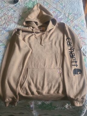 Carhartt Men’s Pullover Hoodie in Tan with Logo Sleeve